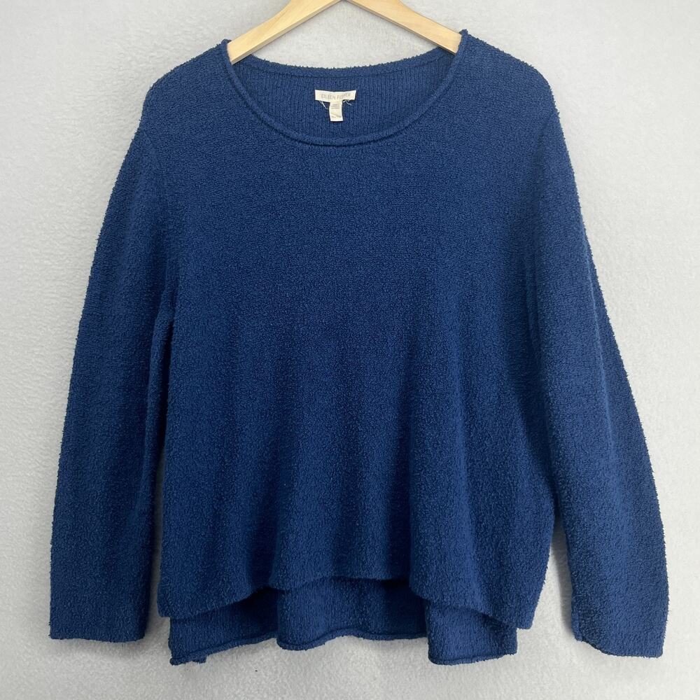 EILEEN FISHER Sweater XL Organic Cotton Boucle Rolled Round Neck Pullover Blue